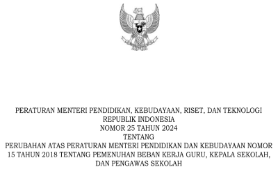 Permendikbudritsek Nomor 25 Tahun 2024 Tentang Ketentuan Pemenuhan Beban Kerja Guru Kepala Sekolah dan Pengawas Sekolah